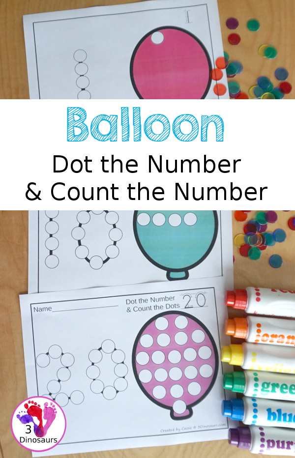 Balloon Dot the Number & Counting - Numbers 0 to 20  with dot marker numbers and counting dots on the different colored balloons - 3Dinosaurs.com