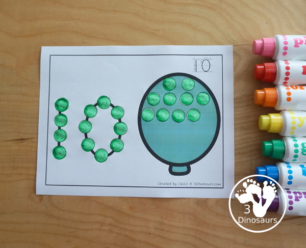 Balloon Dot the Number & Counting - Numbers 0 to 20  with dot marker numbers and counting dots on the different colored balloons - 3Dinosaurs.com