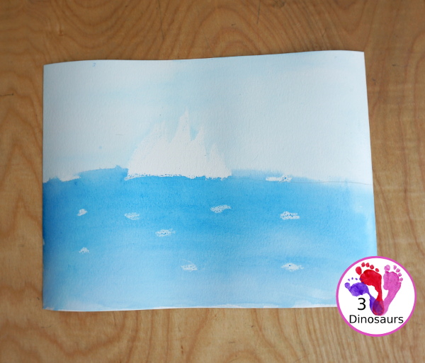 Iceberg Watercolor Painting with Tonight on the Titanic - a simple watercolor painting of an iceberg to go with the Magic Tree House Book Tonight on the Titanic. - 3Dinosaurs.com