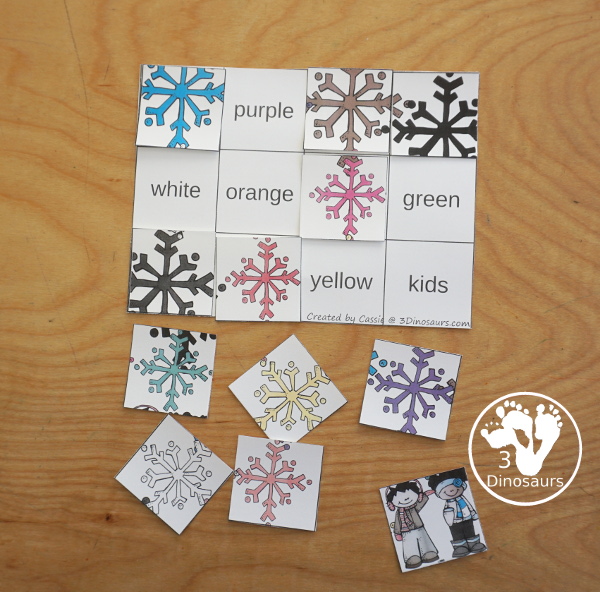 Snowflake Color Pack  - with 63 pages of printables with color easy reader book, color clip cards, color tracing strips, color writing strips, color pocket chart cards, color word writing, color word puzzles, and more all to work on learning color words. This is a great winter snowflake theme - 3Dinosaurs.com