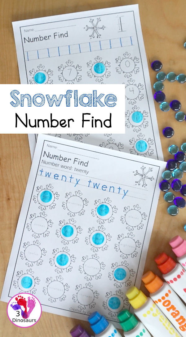 Snowflake Number Find - easy to use no-prep printable numbers 0 to 20 . You have number find for number words and number digits with tracing and finding numbers - 3Dinosaurs.com