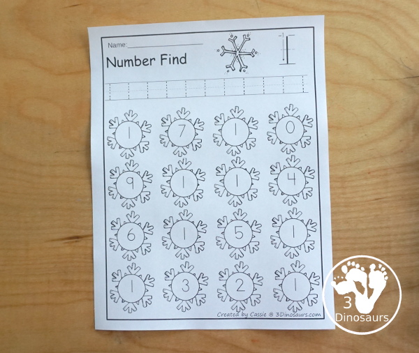 Snowflake Number Find - easy to use no-prep printable numbers 0 to 20 . You have number find for number words and number digits with tracing and finding numbers - 3Dinosaurs.com