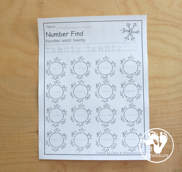 Snowflake Number Find - easy to use no-prep printable numbers 0 to 20 . You have number find for number words and number digits with tracing and finding numbers - 3Dinosaurs.com