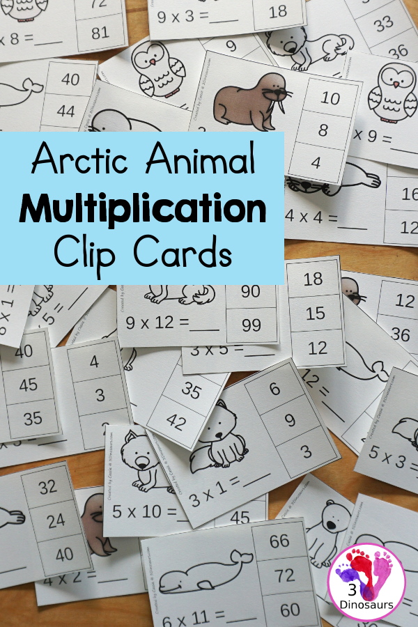 Free Arctic Animals  Multiplication Clip Cards - with multiplication from 1 to 12 for kids to work on clipping the correct answer for the multiplication with 4 cards for each number with 12 pages of printables - 3Dinosaurs.com