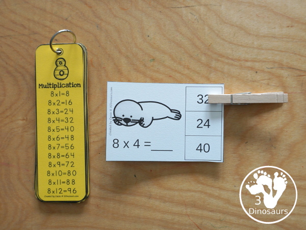 Free Arctic Animals  Multiplication Clip Cards - with multiplication from 1 to 12 for kids to work on clipping the correct answer for the multiplication with 4 cards for each number with 12 pages of printables - 3Dinosaurs.com