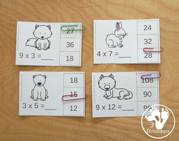 Free Arctic Animals  Multiplication Clip Cards - with multiplication from 1 to 12 for kids to work on clipping the correct answer for the multiplication with 4 cards for each number with 12 pages of printables - 3Dinosaurs.com