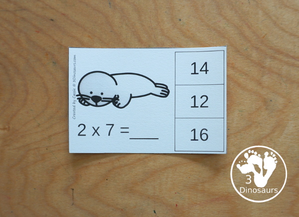 Free Arctic Animals  Multiplication Clip Cards - with multiplication from 1 to 12 for kids to work on clipping the correct answer for the multiplication with 4 cards for each number with 12 pages of printables - 3Dinosaurs.com