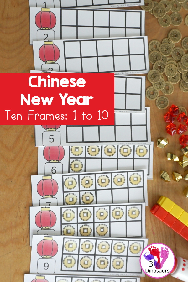 Free Chinese New Year Ten Frames with two sets of ten frames to work on counting from 1 to 10 with filled in ten frames to match the numbers and blank ten frames. A Great Lunar New Year Printable - 3Dinosaurs.com