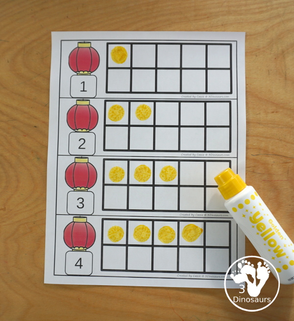 Free Chinese New Year Ten Frames with two sets of ten frames to work on counting from 1 to 10 with filled in ten frames to match the numbers and blank ten frames. A Great Lunar New Year Printable - 3Dinosaurs.com