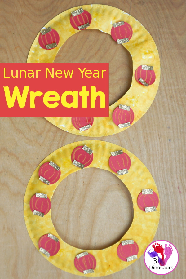 Lunar New Year Wreath Craft for kids - a simple paper plate wreath you can make with kids for the lunar new year and Chinese New year with a red lantern theme  - 3Dinosaurs.com