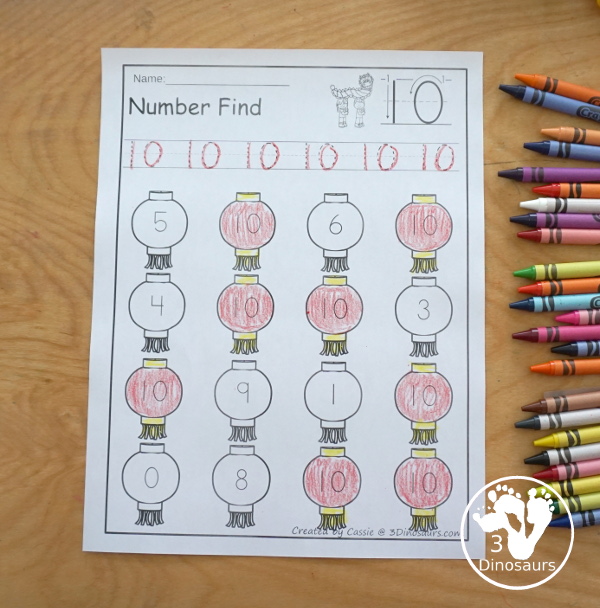 Lunar New Year Number Find - has number worksheets for numbers 0 to 20 with number word and numerical number with tracing the number and then finding the number - 3Dinosaurs.com