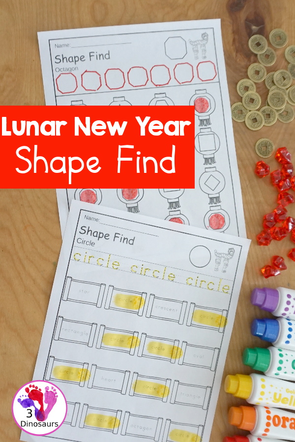 Lunar New Year Shape Find with shape word and geometric shapes for kids to trace and then find on the lanterns or scrolls - 3Dinosaurs.com