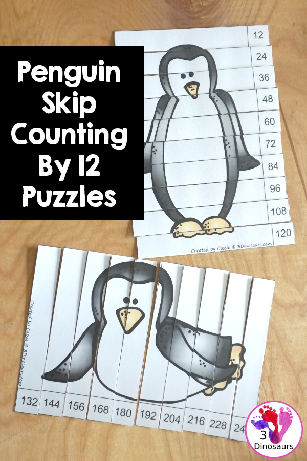 Free Penguin Skip Counting by 12 Puzzles - with two skip counting puzzles from 12 to 120 and 132 to 240. Each puzzle is 10 pieces - 3Dinosaurs.com