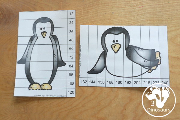 Free Penguin Skip Counting by 12 Puzzles - with two skip counting puzzles from 12 to 120 and 132 to 240. Each puzzle is 10 pieces - 3Dinosaurs.com
