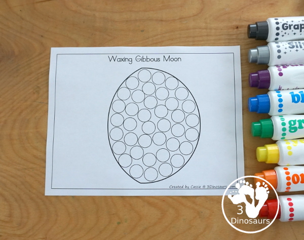 Free Phases of the Moon Fine Motor Mat Printables - with the phases of the moon templates, phases of the moon tracing, and phases of the moon dot marker pages for learning the 8 phases of the moon with kids. - 3Dinosaurs.com