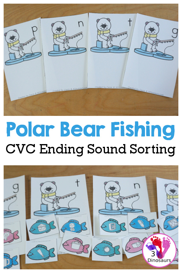 Free Polar Bear Ending CVC Word Sounds Sorting Printable - with sorting cvc words ending in g, t, n, and p. You have four fish for each mat and a recording sheet for the fish. - 3Dinosaurs.com