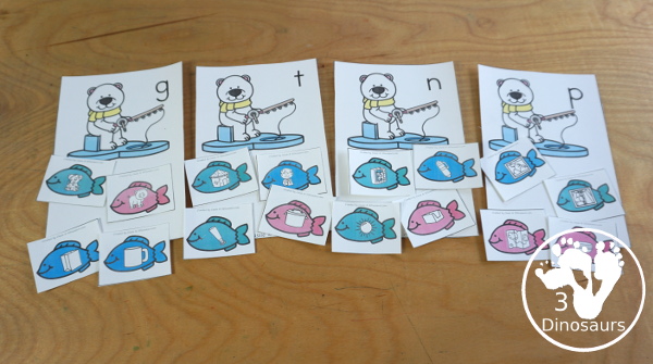 Free Polar Bear Ending CVC Word Sounds Sorting Printable - with sorting CVC words ending in g, t, n, and p. You have four fish for each mat and a recording sheet for the fish. - 3Dinosaurs.com