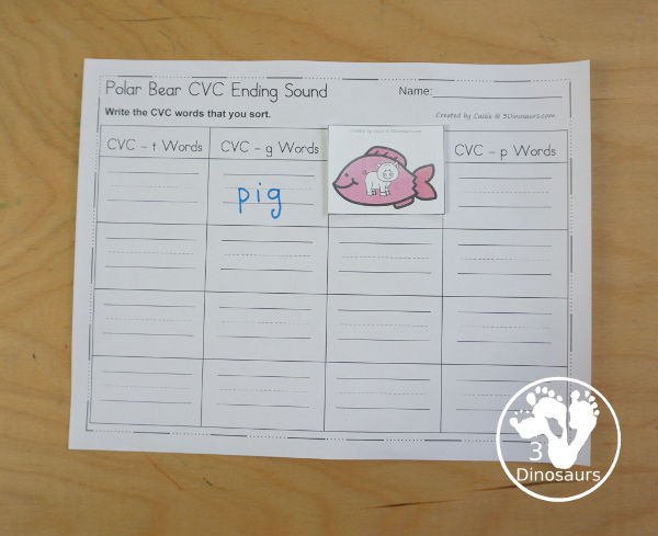 Free Polar Bear Ending CVC Word Sounds Sorting Printable - with sorting CVC words ending in g, t, n, and p. You have four fish for each mat and a recording sheet for the fish. - 3Dinosaurs.com