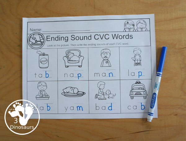 CVC Writing Ending Sounds of Words with worksheets by short a, short e, short i, short o, short u, and mixed vowel sounds- 3Dinosaurs.com