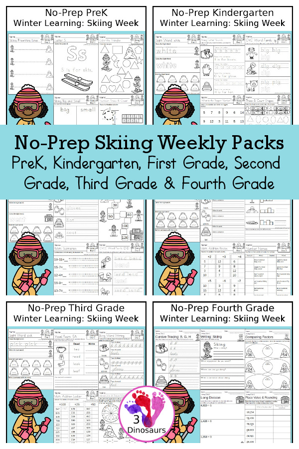 Skiing No-Prep Weekly Packs PreK, Kindergarten, First Grade, Second Grade, Third Grade & Fourth Grade with 5 days of activities to do for each grade level With loads of skiing activities for winter - You will find a mix of math, language, and more - These are easy to use packs for winter learning, homework, early finisher, and morning work. Easy no-prep printables for kids with four pages for each day - 3Dinosaurs.com