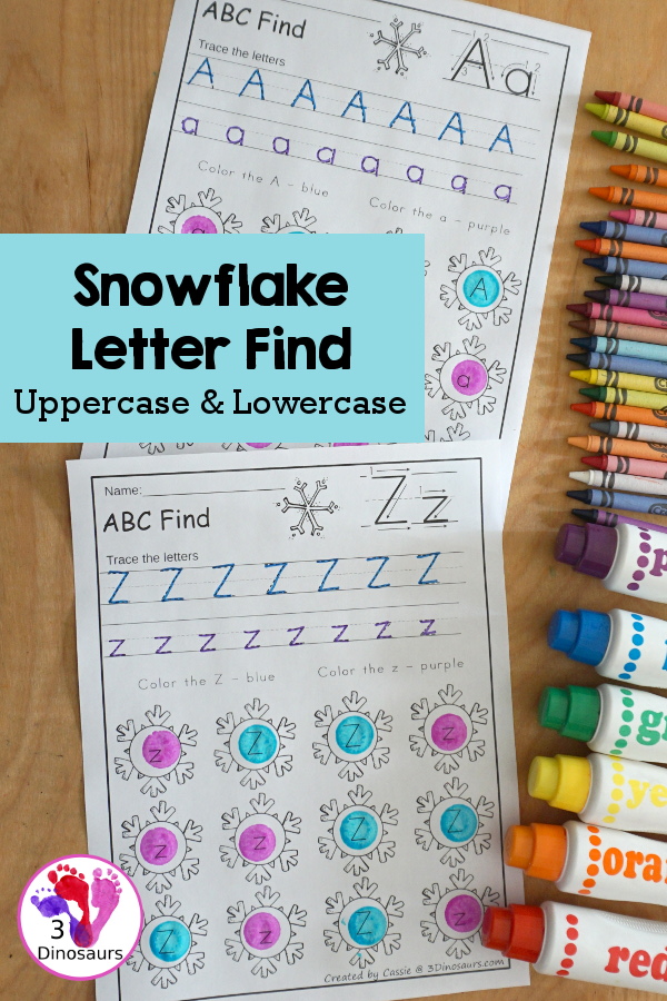 Easy No-Prep Snowflake ABC Find:  Uppercase & Lowercase - easy no-prep printables with a fun snowflake theme 26 pages with uppercase and lowercase together - 3Dinosaurs.com