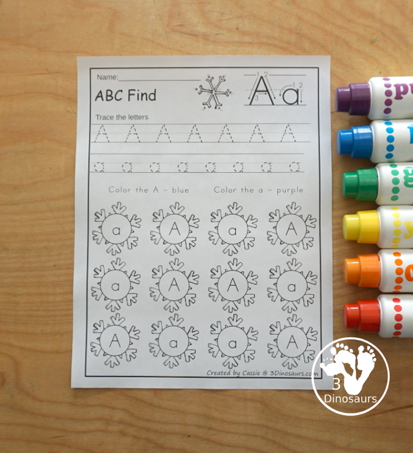 Easy No-Prep Snowflake ABC Find:  Uppercase & Lowercase - easy no-prep printables with a fun snowflake theme 26 pages with uppercase and lowercase together - 3Dinosaurs.com