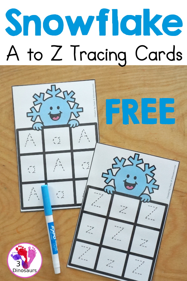 Free snowflake ABC Tracing Cards with a 3 by 3 tracing rows of uppercase and lowercase letters. A fun way to change handwriting for kids with all 26 letters of the alphabet. - 3Dinosaurs.com