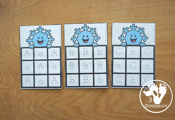 Free snowflake ABC Tracing Cards with a 3 by 3 tracing rows of uppercase and lowercase letters. A fun way to change handwriting for kids with all 26 letters of the alphabet. - 3Dinosaurs.com