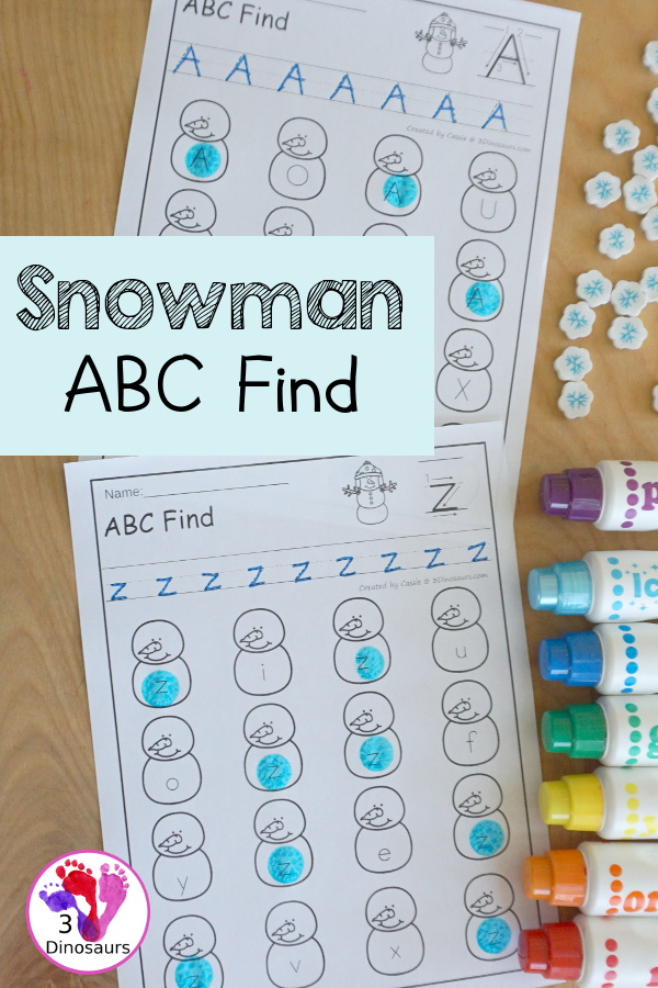 Snowman ABC Letter Find Printable - with all 26 letters of the alphabet with tracing the letters and finding the letters on the snowmen. Works great for a winter alphabet printable - 3Dinosaurs.com