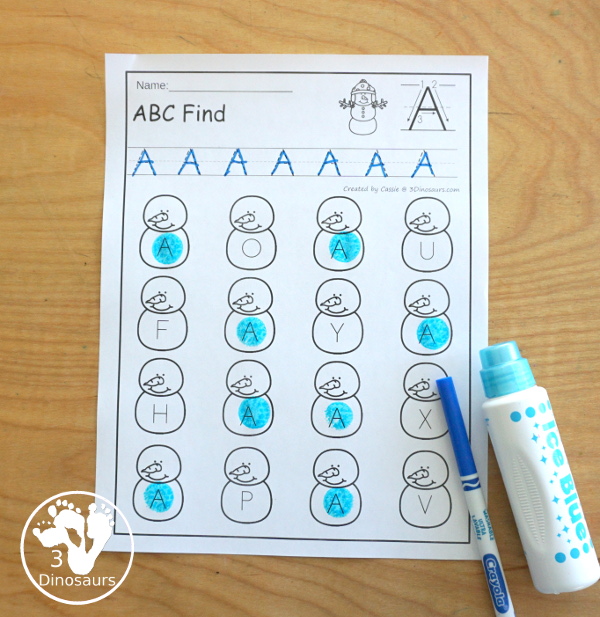 Snowman ABC Letter Find Printable - with all 26 letters of the alphabet with tracing the letters and finding the letters on the snowmen. Works great for a winter alphabet printable - 3Dinosaurs.com