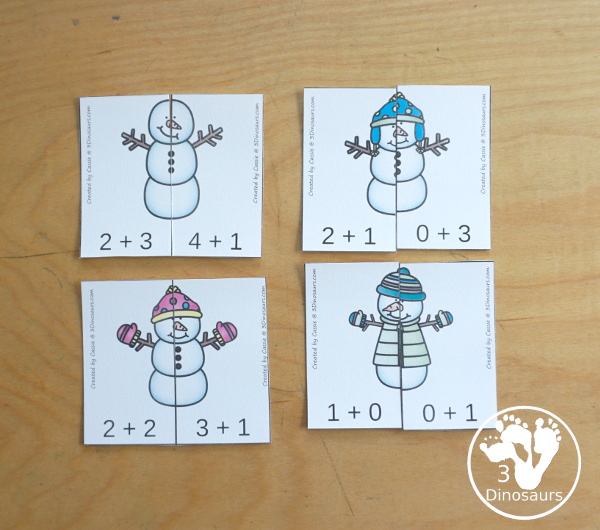 Free Snowman Addition Matching - a fun addition matching game adding numbers from 1 to 20  with two piece puzzles and matching number bond mat for kindergarten and first grade - 3Dinosaurs.com