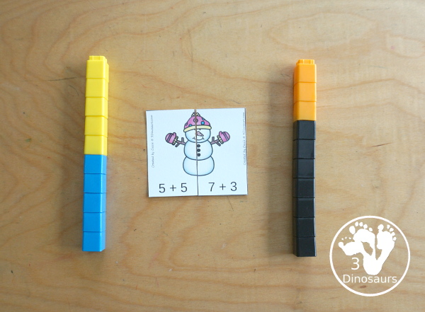 Free Snowman Addition Matching - a fun addition matching game adding numbers from 1 to 20 with two piece puzzles and matching number bond mat for kindergarten and first grade - 3Dinosaurs.com