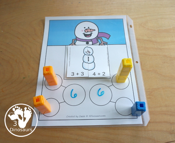 Free Snowman Addition Matching - a fun addition matching game adding numbers from 1 to 20  with two piece puzzles and matching number bond mat for kindergarten and first grade - 3Dinosaurs.com