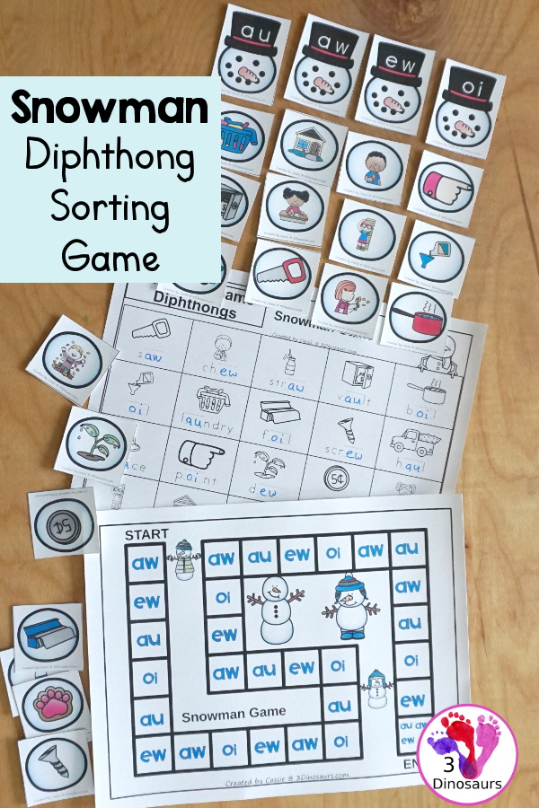 Free Snowman Diphthong Game for AU, AW, EW and OI Words - with snowman matching diphthong letters with pictures of those words. With a fun game to play while matching and a worksheet with all the pictures and words to find. A great review of diphthong words au, aw, ew, and oi. - 3Dinosaurs.com