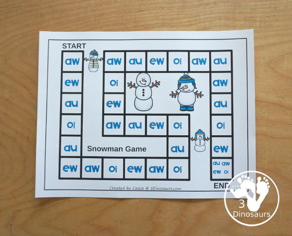 Free Snowman Diphthong Game for AU, AW, EW and OI Words - with snowman matching diphthong letters with pictures of those words. With a fun game to play while matching and a worksheet with all the pictures and words to find. A great review of diphthong words au, aw, ew, and oi. - 3Dinosaurs.com