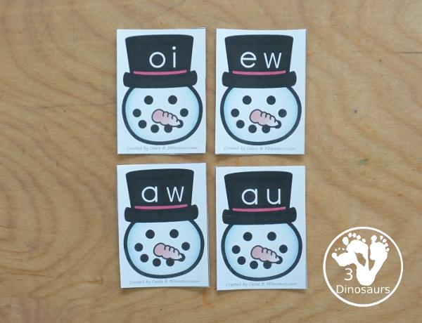 Free Snowman Diphthong Game for AU, AW, EW and OI Words - with snowman matching diphthong letters with pictures of those words. With a fun game to play while matching and a worksheet with all the pictures and words to find. A great review of diphthong words au, aw, ew, and oi. - 3Dinosaurs.com