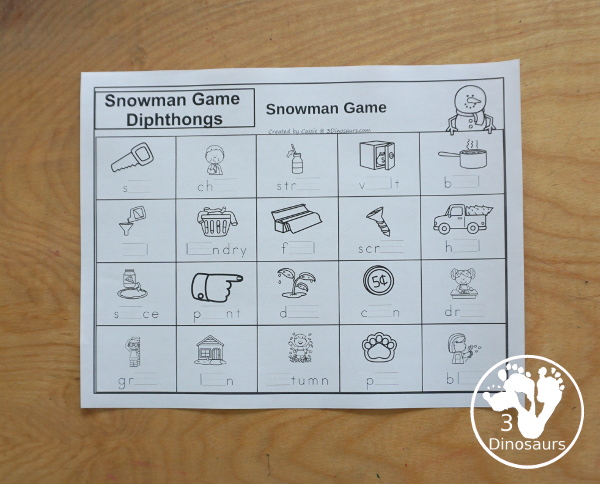 Free Snowman Diphthong Game for AU, AW, EW and OI Words - with snowman matching diphthong letters with pictures of those words. With a fun game to play while matching and a worksheet with all the pictures and words to find. A great review of diphthong words au, aw, ew, and oi. - 3Dinosaurs.com