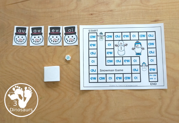 Free Snowman Diphthong Game for AU, AW, EW and OI Words - with snowman matching diphthong letters with pictures of those words. With a fun game to play while matching and a worksheet with all the pictures and words to find. A great review of diphthong words au, aw, ew, and oi. - 3Dinosaurs.com