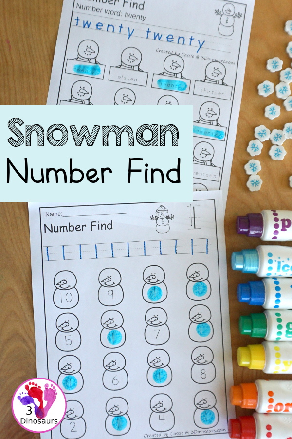 Snowman Number Find Printable - with the numerical number and number word for kids to work on finding with numbers from 0 to 20. An easy no-prep number printable for winter - 3Dinosaurs.com