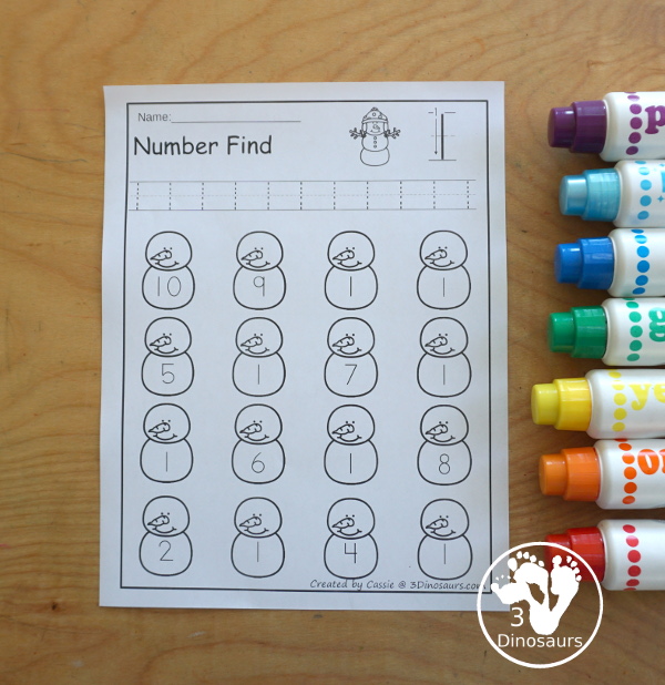 Snowman Number Find Printable - with the numerical number and number word for kids to work on finding with numbers from 0 to 20. An easy no-prep number printable for winter - 3Dinosaurs.com