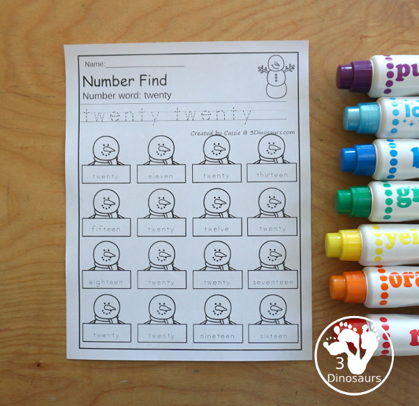 Snowman Number Find Printable - with the numerical number and number word for kids to work on finding with numbers from 0 to 20. An easy no-prep number printable for winter - 3Dinosaurs.com