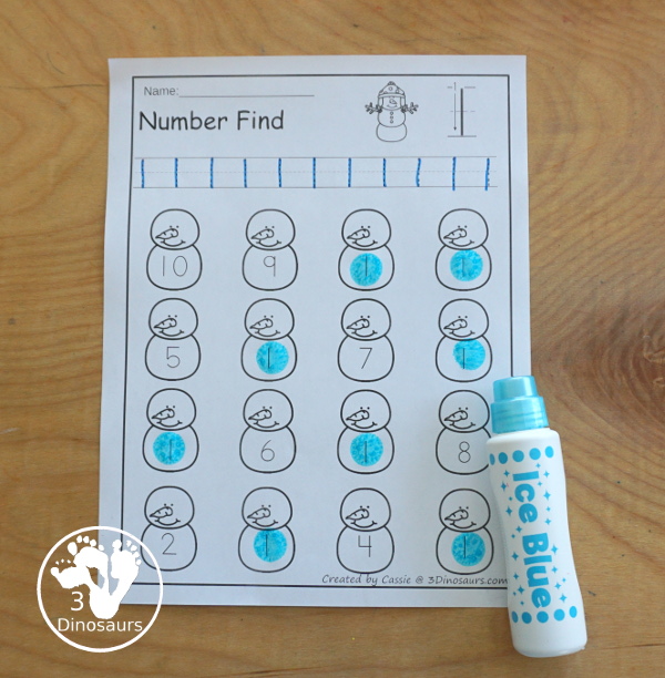 Snowman Number Find Printable - with the numerical number and number word for kids to work on finding with numbers from 0 to 20. An easy no-prep number printable for winter - 3Dinosaurs.com