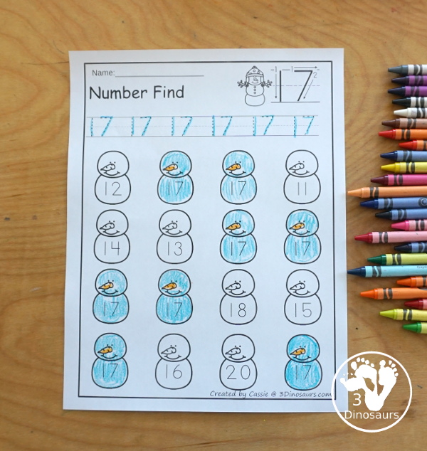 Snowman Number Find Printable - with the numerical number and number word for kids to work on finding with numbers from 0 to 20. An easy no-prep number printable for winter - 3Dinosaurs.com