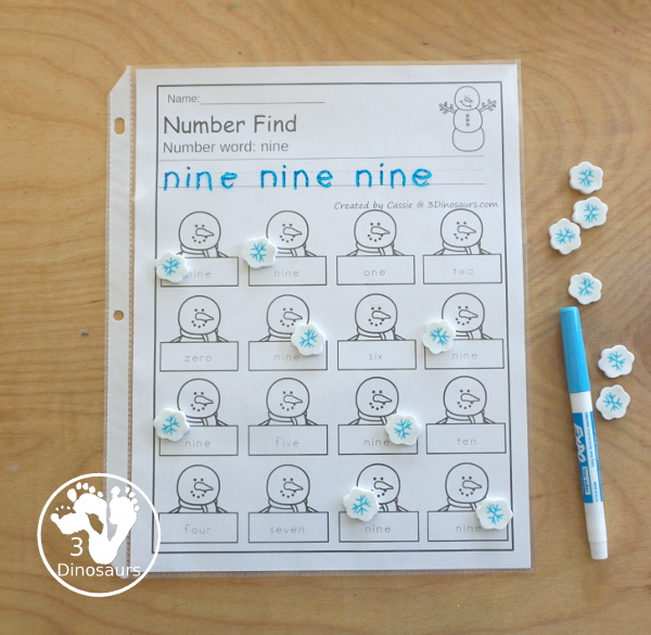 Snowman Number Find Printable - with the numerical number and number word for kids to work on finding with numbers from 0 to 20. An easy no-prep number printable for winter - 3Dinosaurs.com