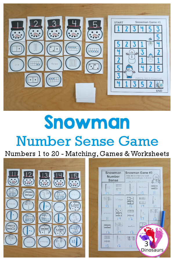 Snowman Number Sense Game from 1 to 20 with matching several different number types to the numerical number including tally marks, dominos, number word, ten frames, and tens and ones to build a snowman and fun game boards and worksheets to use with the games - 3Dinosaurs.com