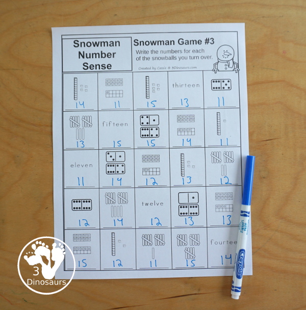 Snowman Number Sense Game from 1 to 20 with matching several different number types to the numerical number including tally marks, dominos, number word, ten frames, and tens and ones to build a snowman and fun game boards and worksheets to use with the games - 3Dinosaurs.com