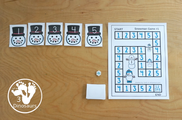 Snowman Number Sense Game from 1 to 20 with matching several different number types to the numerical number including tally marks, dominos, number word, ten frames, and tens and ones to build a snowman and fun game boards and worksheets to use with the games - 3Dinosaurs.com