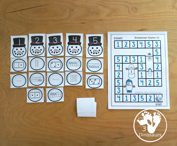 Snowman Number Sense Game from 1 to 20 with matching several different number types to the numerical number including tally marks, dominos, number word, ten frames, and tens and ones to build a snowman and fun game boards and worksheets to use with the games - 3Dinosaurs.com