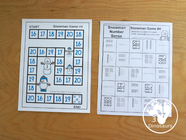 Snowman Number Sense Game from 1 to 20 with matching several different number types to the numerical number including tally marks, dominos, number word, ten frames, and tens and ones to build a snowman and fun game boards and worksheets to use with the games - 3Dinosaurs.com