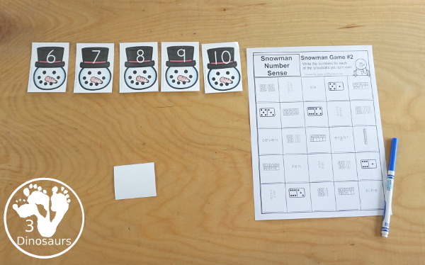 Snowman Number Sense Game from 1 to 20 with matching several different number types to the numerical number including tally marks, dominos, number word, ten frames, and tens and ones to build a snowman and fun game boards and worksheets to use with the games - 3Dinosaurs.com